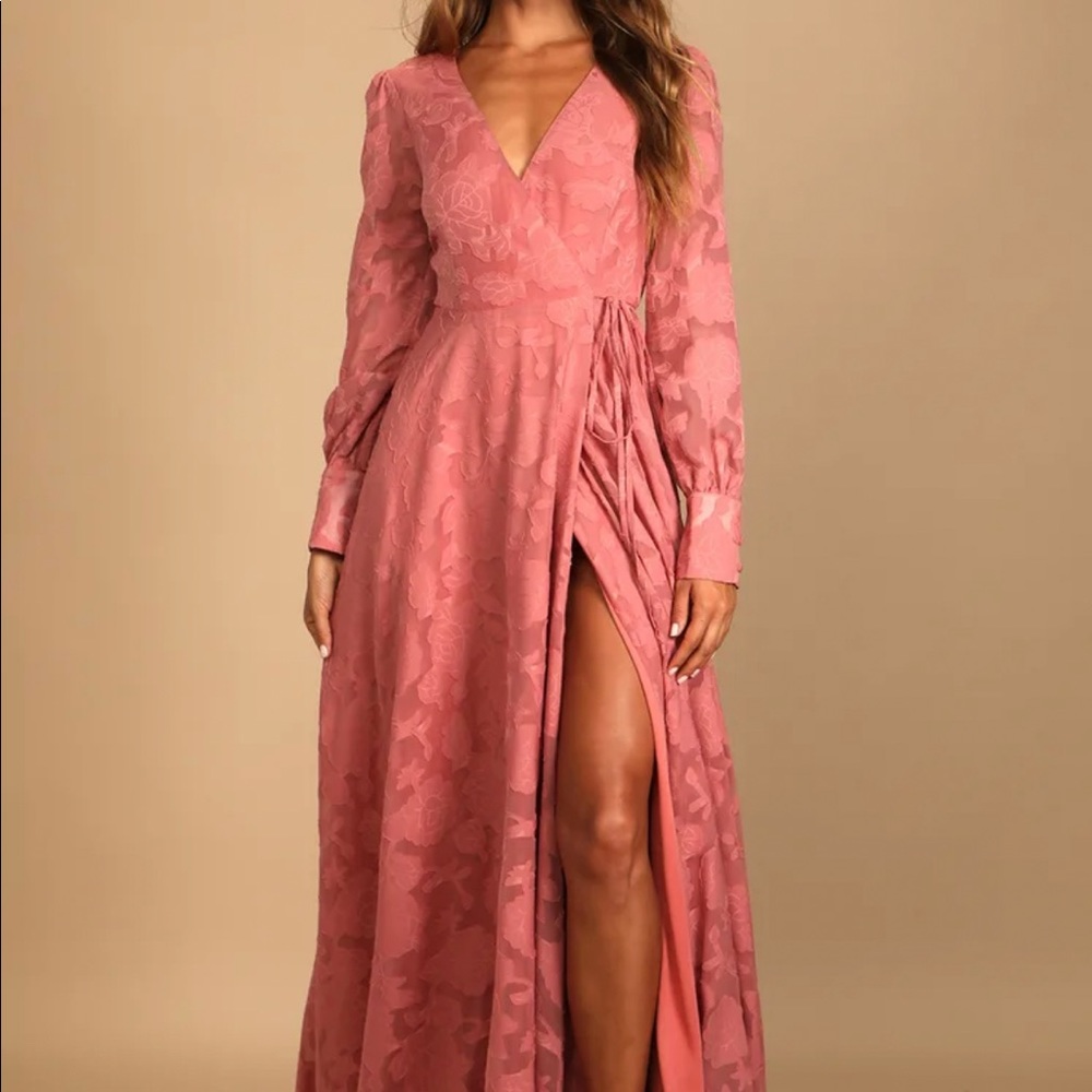 Lulu's Dusty Rose Floral Jacquard Maxi Wrap Dress